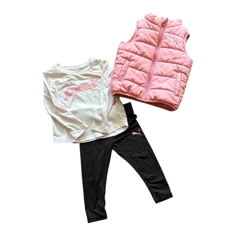 Puma Toddler Girls 3 Piece Set Pink Puffer Vest White Shirt Black Leggings 24M